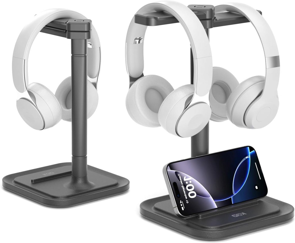 2-in-1 Hoofdtelefoonstandaard met Telefoonhouder - Draaibare Hanger en Antislip Organizer voor Gaming, Kantoor en Studie - Geschikt voor Alle Hoofdtelefoonformaten (Zwart)