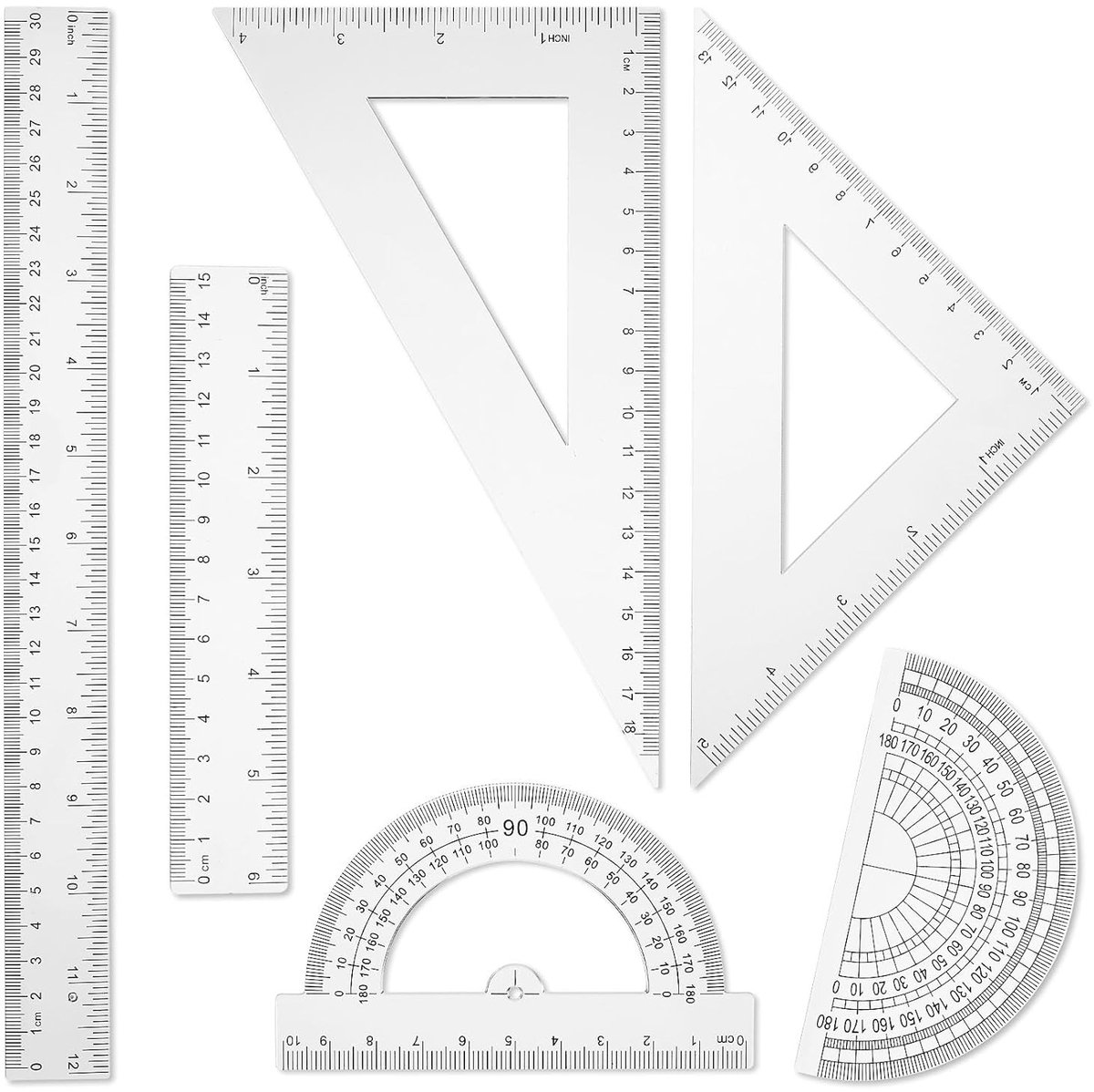 aladdien - Liniaal Set - Driehoek - Flexibel - Transparant - Meetlat - Schoolbenodigdheden - Kantoor - Thuis - Plastic Linialen - Transparant - 12 I..
