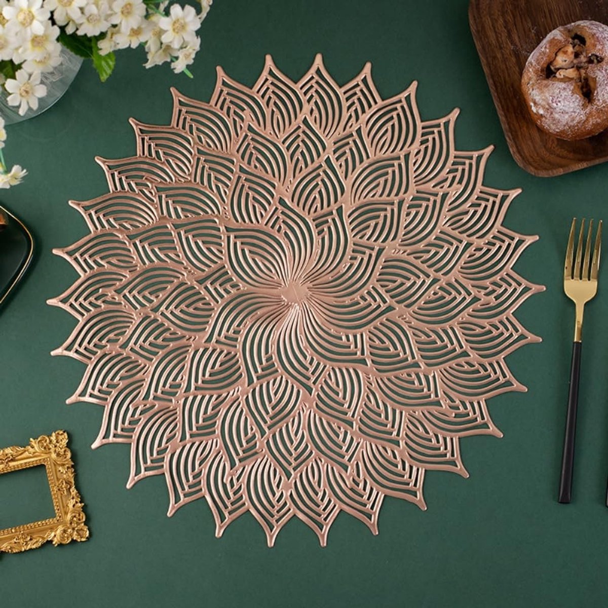 Set van 6 Ronde PVC Placemat - Wasbaar, Antislip, Warmtebestendig - Roze Goud - 38 cm