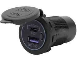 Allecto - 12V Waterproof Car Charger - 65W USB C PD3.0 - Dual Port - Geschikt voor Motor en Boot - Oplaadaccessoire - Snelladen - Waterdicht