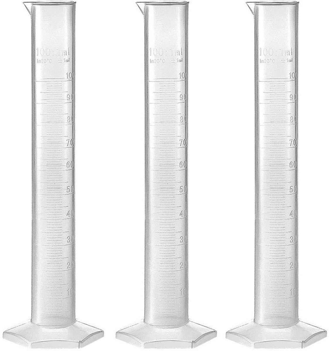 Allecto - Plastic Gegradeerde Cilinder - 100ml - Nauwkeurige Vloeistofmeting - Wit - Keuken en Lab - Set van 3
