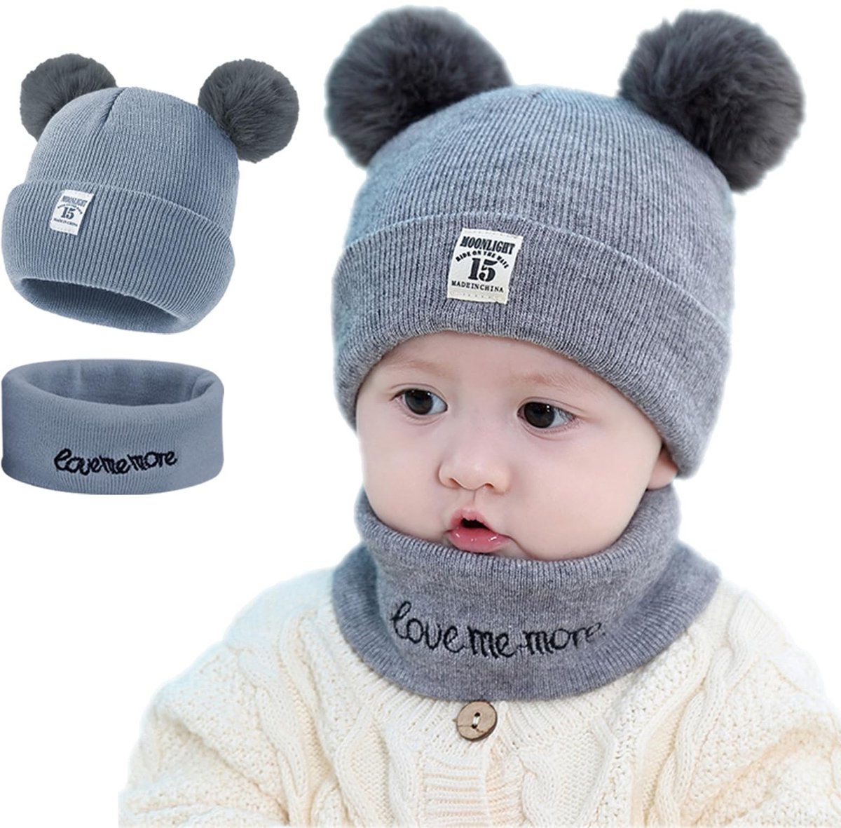 Dailygoods- Babymuts met dubbele pompons - Sjaal set - Warme bivakmuts - Rekbaar voor 0-24 maanden - Zacht katoen - Geschikt voor jongens/meisjes - Babyset