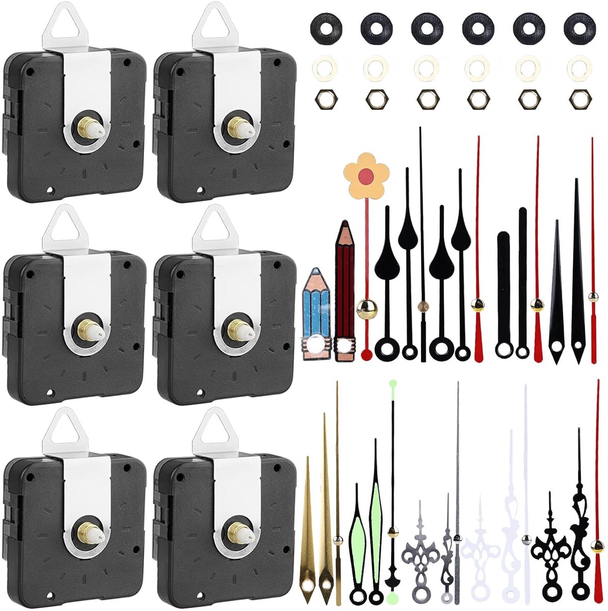 Pack van 6 Stille Quartz Klokmechanismen voor DIY Klokreparatie - Diverse Maten