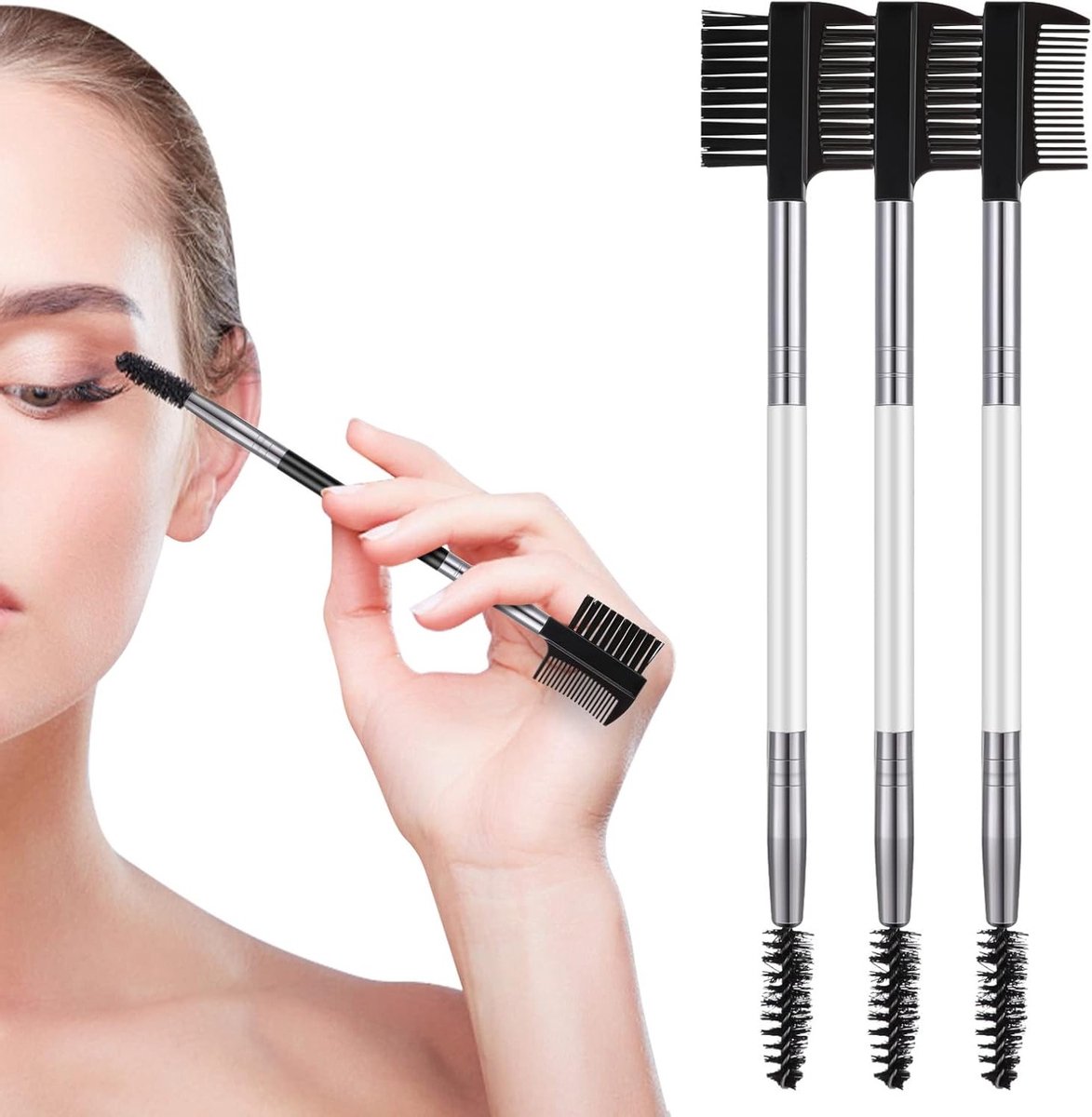 3-in-1 Wenkbrauwborstel voor Make-up, Professionele Make-up Tool, Set van 3 in Wit