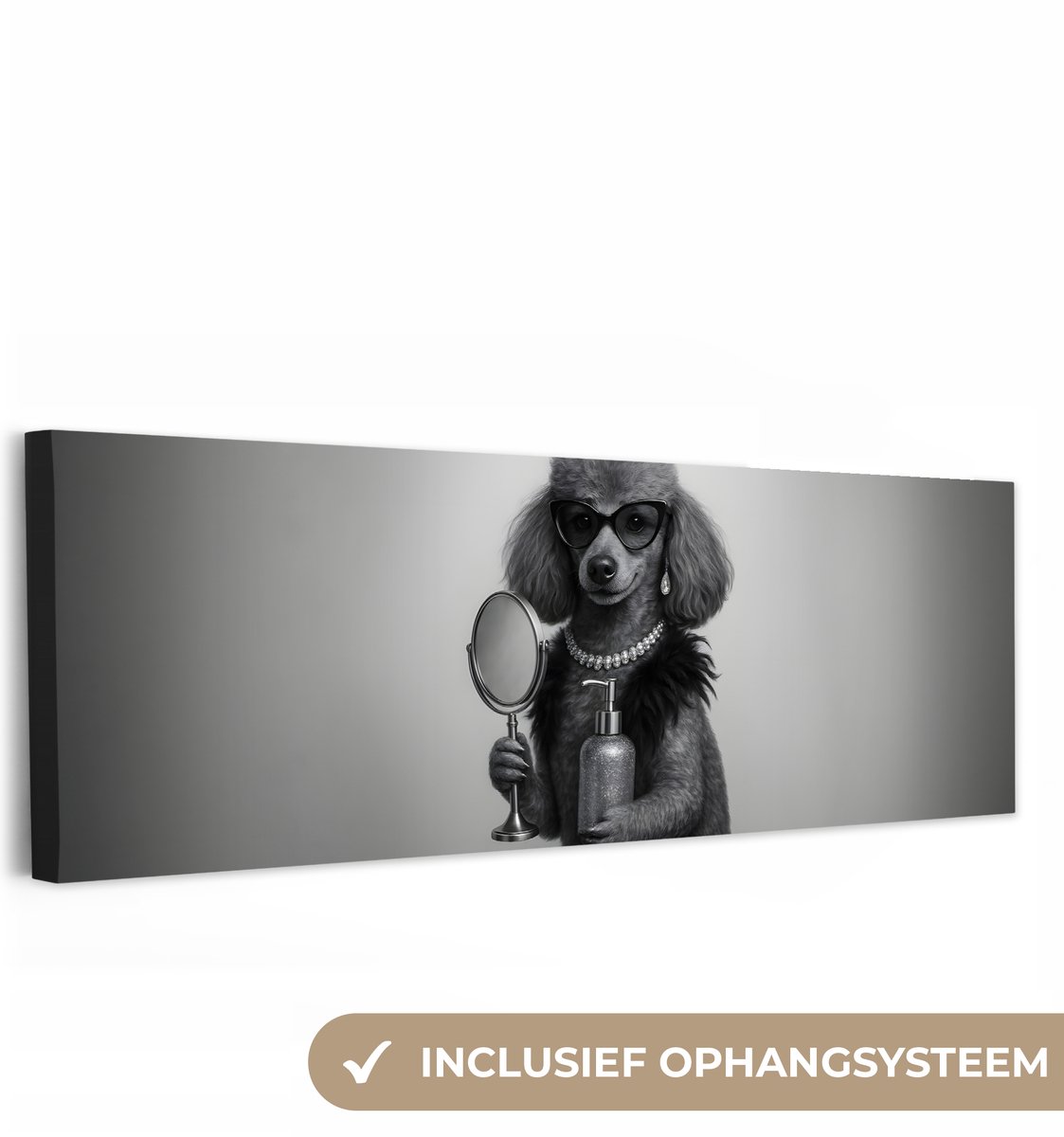 Canvas schilderij 180x60 cm - Exclusieve wanddecoratie Poedel - Spiegel - Zwart - Wit - Mu
