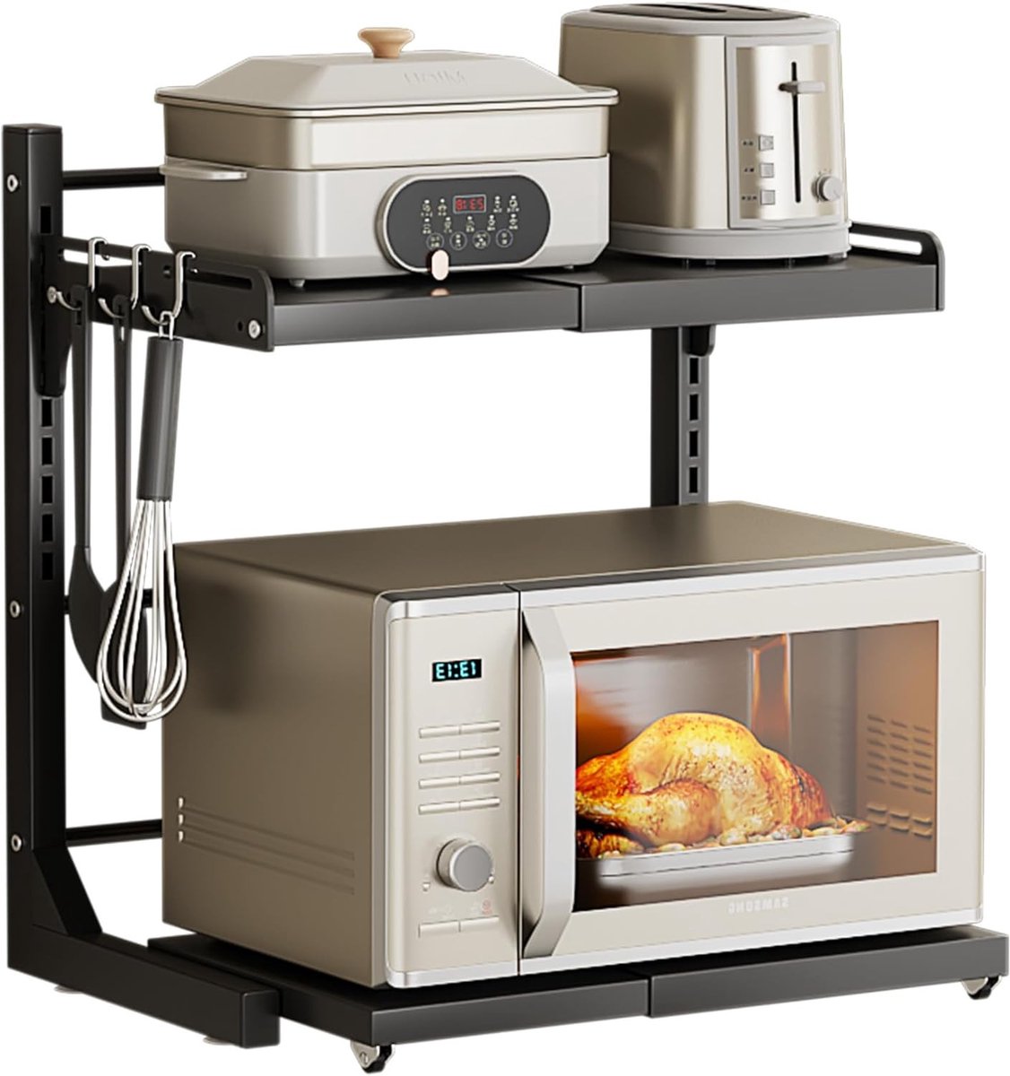 Retractable Magnetische Magnetron Rek voor Keuken - Uittrekbaar, Hoogte Verstelbaar en Uitbreidbaar met 3 Haakjes voor Keukenopslag en Organisatie