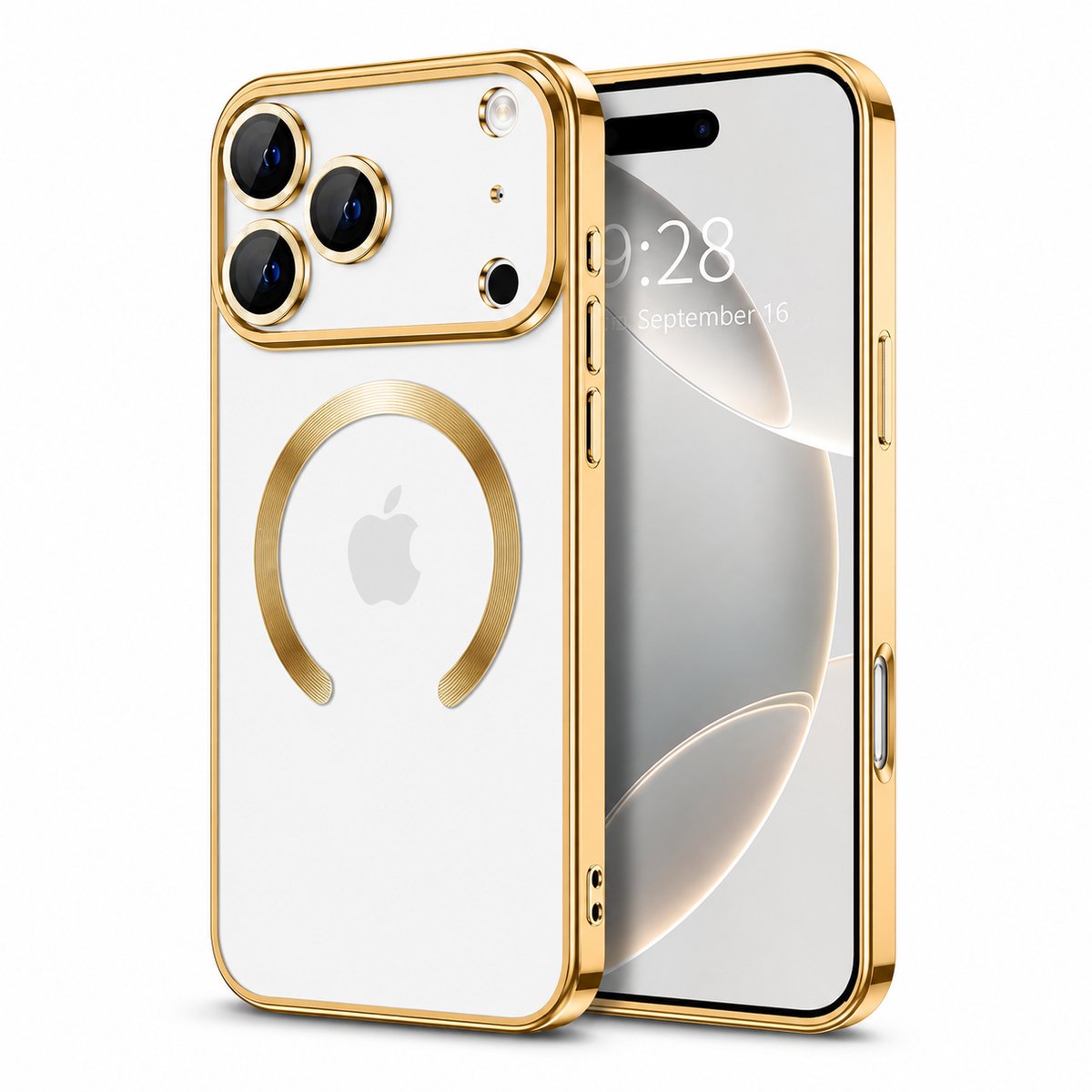 Compatible iPhone 17 Pro Max Hoesje Goud – TG TECHGRIP – MagSafe Compatible Case – Transparant met Gouden Rand – Ingebouwde Camera Glas Protector – 360° Bescherming – Anti-Fingerprint – Luxe Design