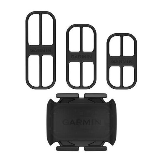 Capteur de vitesse Garmin noir avec trois tailles de sangles noires différentes.