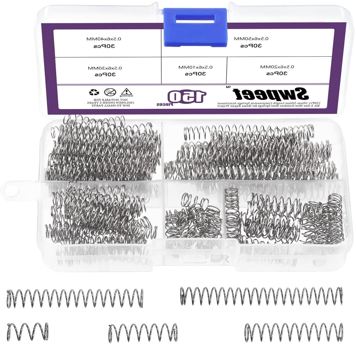 Set van 150 Compressieveren in 5 Maten, Mini RVS Uitbreidingsveren voor Reparaties in Huis en Werkplaats, Lengtes van 1cm tot 5cm, 10mm-50mm Lengte, 6mm Buitendiameter