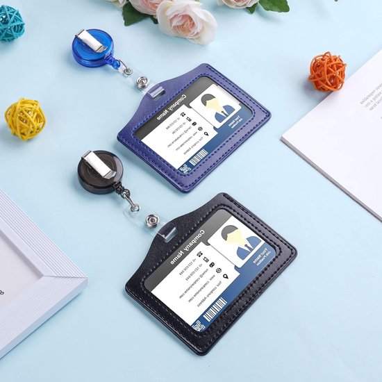 ID Badge Houder Set van 2, PU Leer en Plastic, Retractable ID Badge Reel, Handige Naamtag Houder voor School en Werk, Zwart en Donkerblauw van Merkloos — afbeelding 4