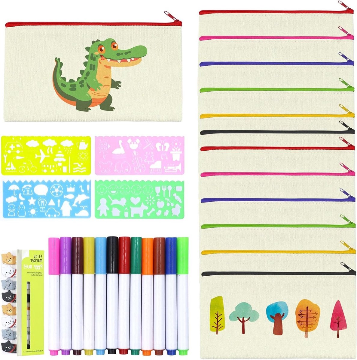 12 Opbergvakken voor Schilderen en Textielmarkers, Inclusief 12 Kleuren en 4 Sjablonen voor Creatieve Projecten