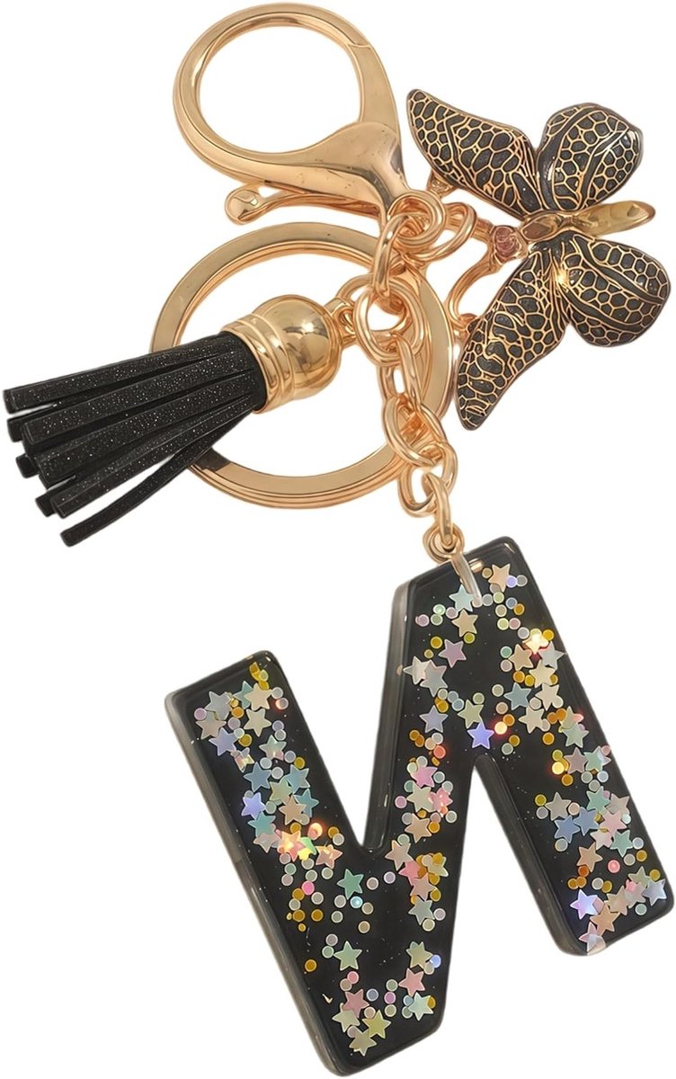 Gepersonaliseerde sleutelhanger met zwarte vlinder en kwast, unieke initialen als cadeau voor vrouwen, perfect voor verjaardag of feestdagen