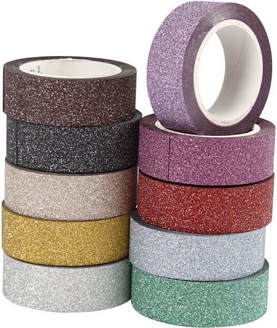 Twee stapels glittertape rollen. De linkerstapel bevat vijf rollen in bruin, zwart, lichtbruin, goud en zilver. De rechterstapel bevat vijf rollen in paars, roze, rood, lichtblauw en groen.