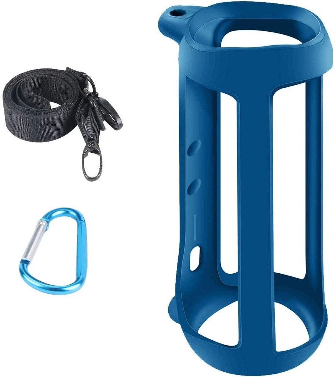 Siliconen Beschermhoes voor JBL Flip 5 met Karabijnhaak en Schouderband - Blauw, Duurzaam en Waterdicht