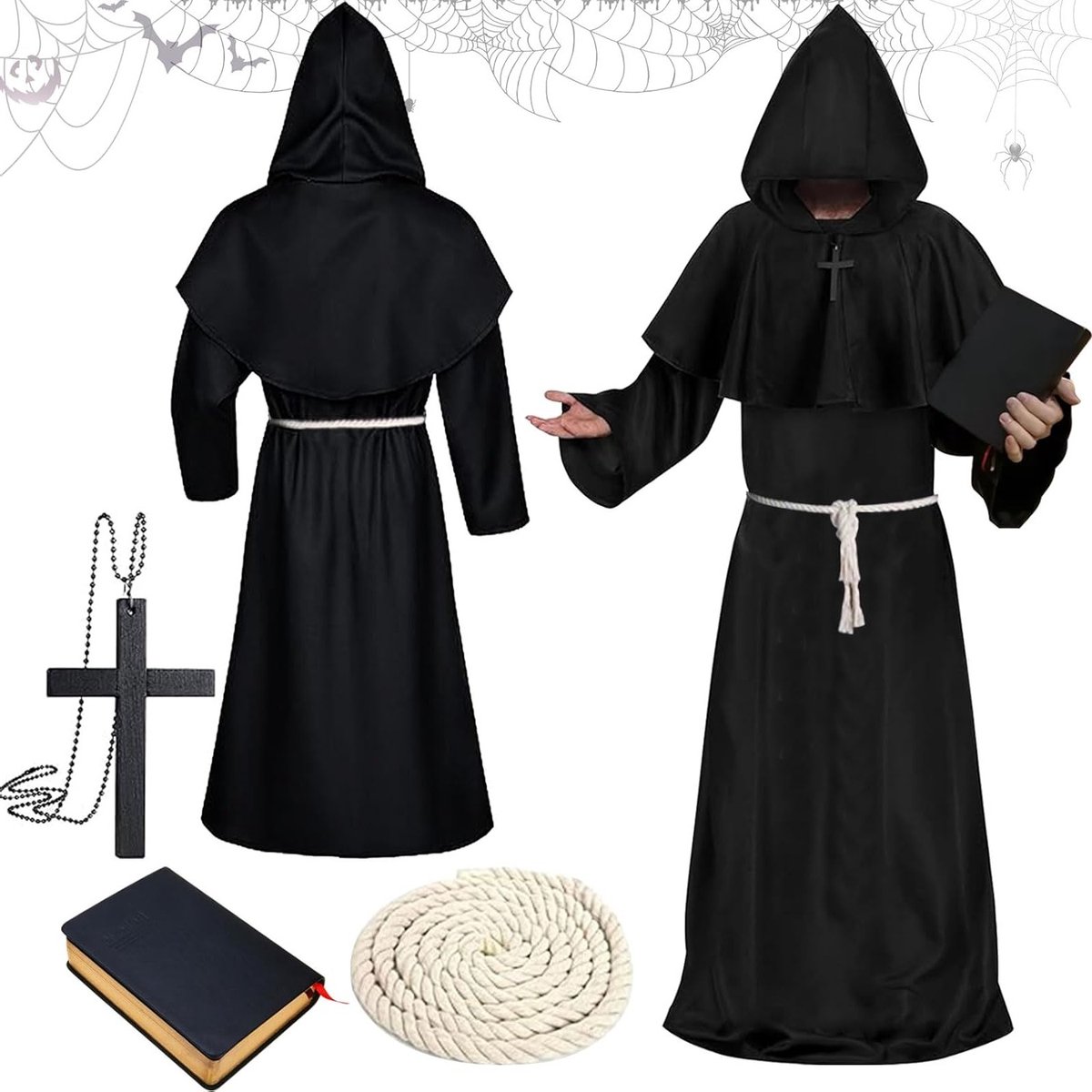 Monnik kostuum voor volwassenen met capuchon, ideaal voor carnaval, Halloween en verkleedpartijen