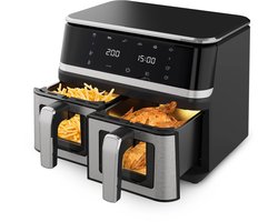 LUMÈ STORE Airfryer 9L Dual Zone – Heteluchtfriteuse – 2000W – Dubbele Mand – Touchscreen – 12 Programma’s – Kijkvenster – RVS – Zwart