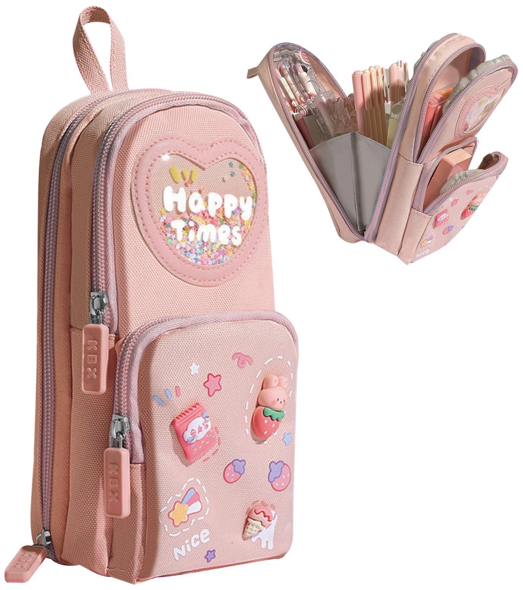 Allecto - School Etui - Moderne Pennezak - 6 Compartimenten - Roze - Leuke Patches - Ruimte voor pennen en potloden - Geschikt voor school - Roze etu