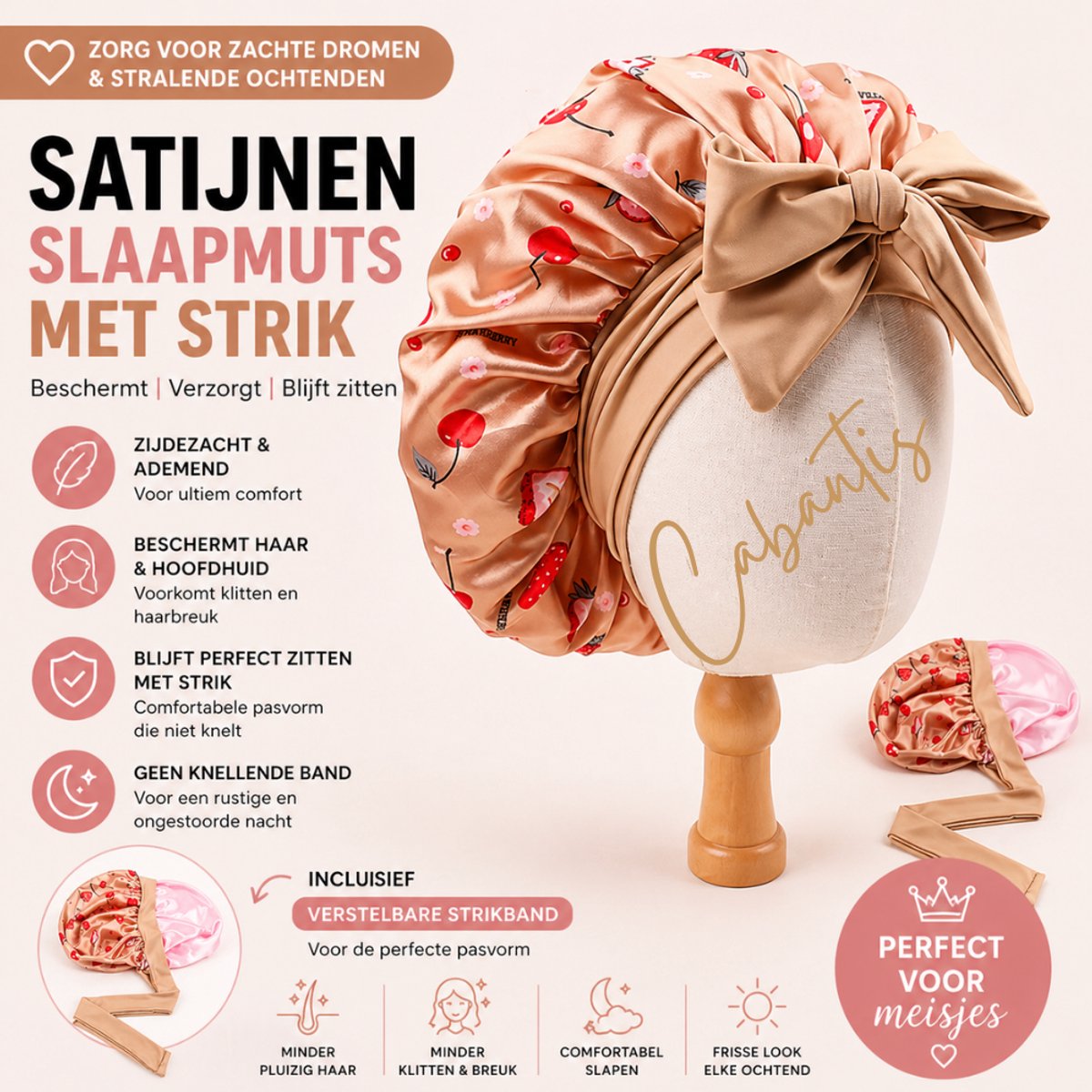 Cabantis® Kinder Slaapmuts Satijn – Anti Pluis & Klitten – Zachte Bonnet voor Krullen – Beschermt Haar tijdens Slapen – Comfortabele Pasvorm - Met strik Kerssen