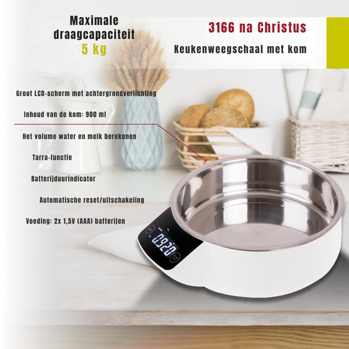 YOR® Keukenweegschaal digitaal met kom - Keukenweegschaal - Keukenweegschaal digitaal - Wit/Zilver - 21cm x 19cm x 8cm