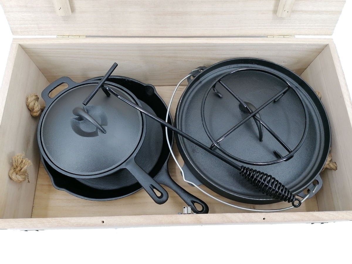 Landmann Dutch oven Set Gietijzer 6-delig - Gietijzeren braadpan - Gietijzeren koekenpan - Gietijzeren pan - Gietijzeren pan bbq - Braadpan gietijzer