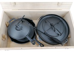 Landmann Dutch oven Set Gietijzer 6-delig - Gietijzeren braadpan - Gietijzeren koekenpan - Gietijzeren pan - Gietijzeren pan bbq - Braadpan gietijzer
