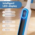 Close-up van het LED-display van de stoomreiniger met indicaties voor voorverwarmen, eco, laag en hoog niveau.