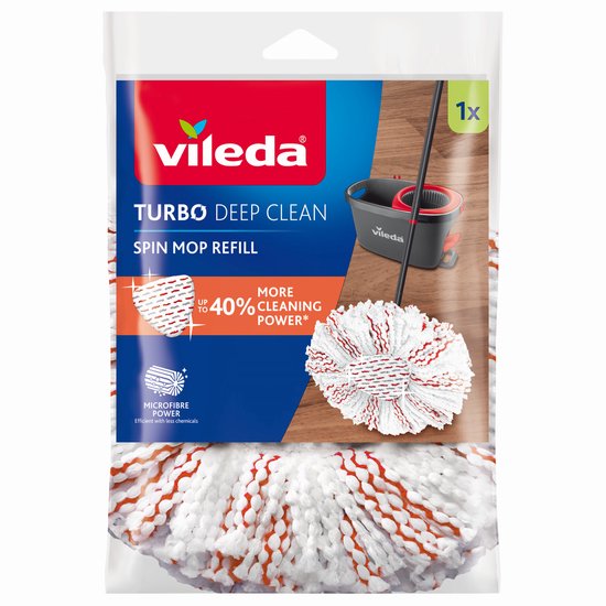 Vileda Turbo Deep Clean Spin Mop Refill verpakking met witte en oranje franjes, met de tekst '+40% More Cleaning Power'.