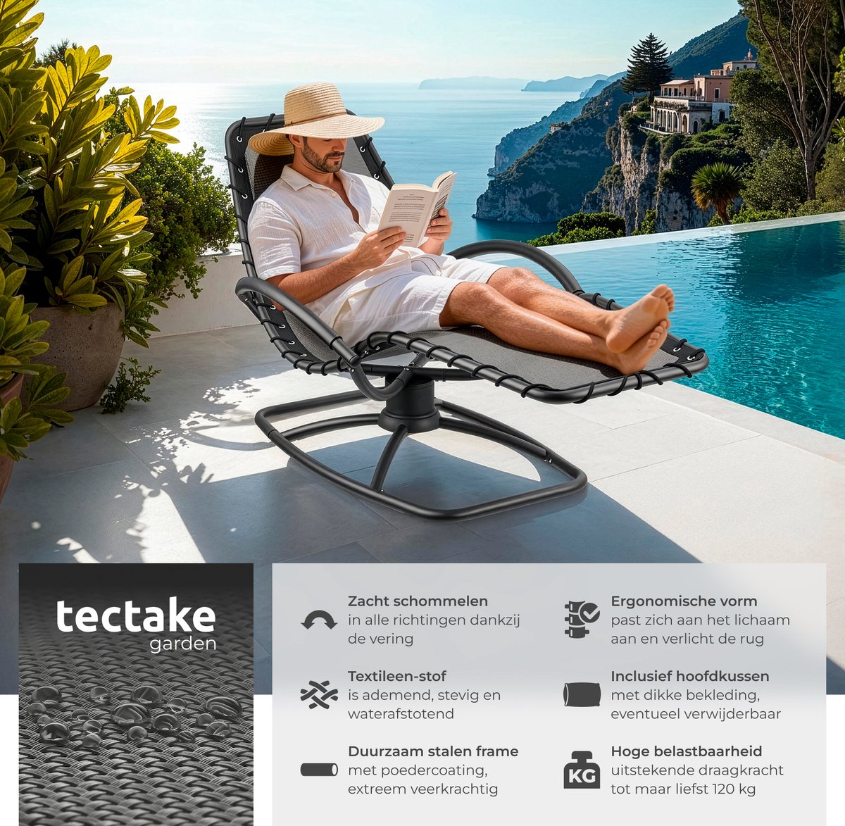 tectake® Ligstoel Toulon - Set van 2 - Ergonomische Tuinstoelen met Schommelfunctie - Zero Gravity Ligbedden voor Tuin, Terras en Balkon - Relaxstoelen met Hoofdkussen en Comfortabele Armleuningen - Ligstoelen - 120kg Draagkracht - Grijs – foto 2