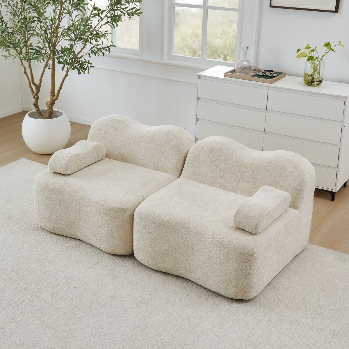 REDOM Modulaire 2-Zits Bank - Golfvorm met diepe zitting - Frameloze sofa voor woonkamer of appartement - Zacht fluweel - Beige - 192 x 98 x 70 cm