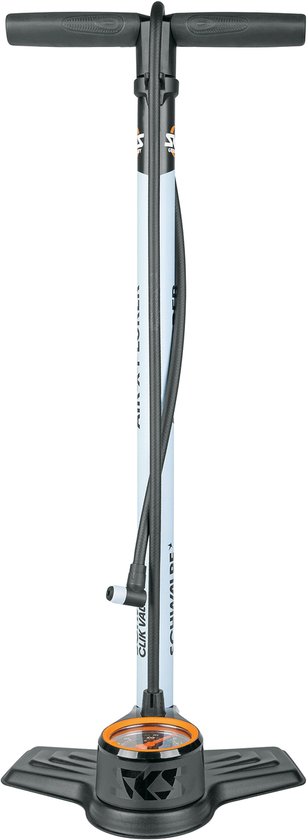 Zilverkleurige fietspomp met zwart handvat en lichtblauwe cilinder met "AIR-X-PLORER" en "SCHWALBE CLIK VALVE" opdruk.