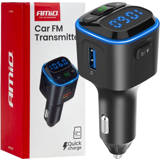 Car FM Transmitter 1×USB-A 2×USB-C 12V 24V – Bluetooth, MicroSD en Hands-Free Bellen