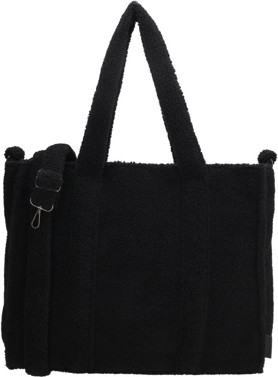 Zwarte teddy shopper tas met twee hengsels en een afneembare schouderband.