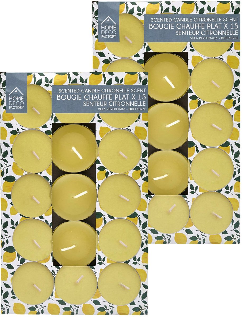 HOME DECO FACTORY Citronella geur theelichtjes - Citrus geur - 30x stuks - waxinelichtjes - onaangenaam voor sommige dieren - geurkaarsen Geel