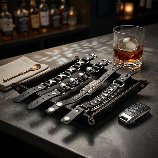 Set van vier zwarte PU leren armbanden met zilverkleurige details, tentoongesteld in een donkere omgeving met een glas whisky en een autosleutel.
