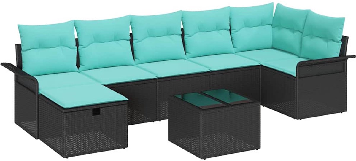 vidaXL Tuinbank - Set - 8 - st - Poly - rattan Zwart/ Blauw