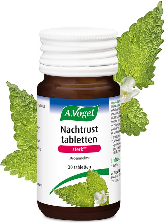 Flesje A.Vogel Nachtrust tabletten sterk, met citroenmelisse en muntblaadjes. 30 tabletten.