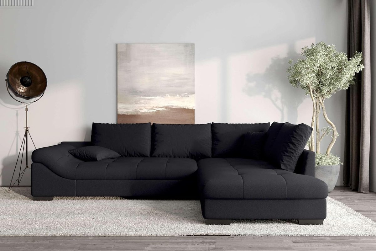 Luxe Neve Zwarte Hoekbank met Ottoman Rechts – 298x202x84 cm Moderne Stoffen Bank met Diepe Zit, Inclusief 5 Rugkussens
