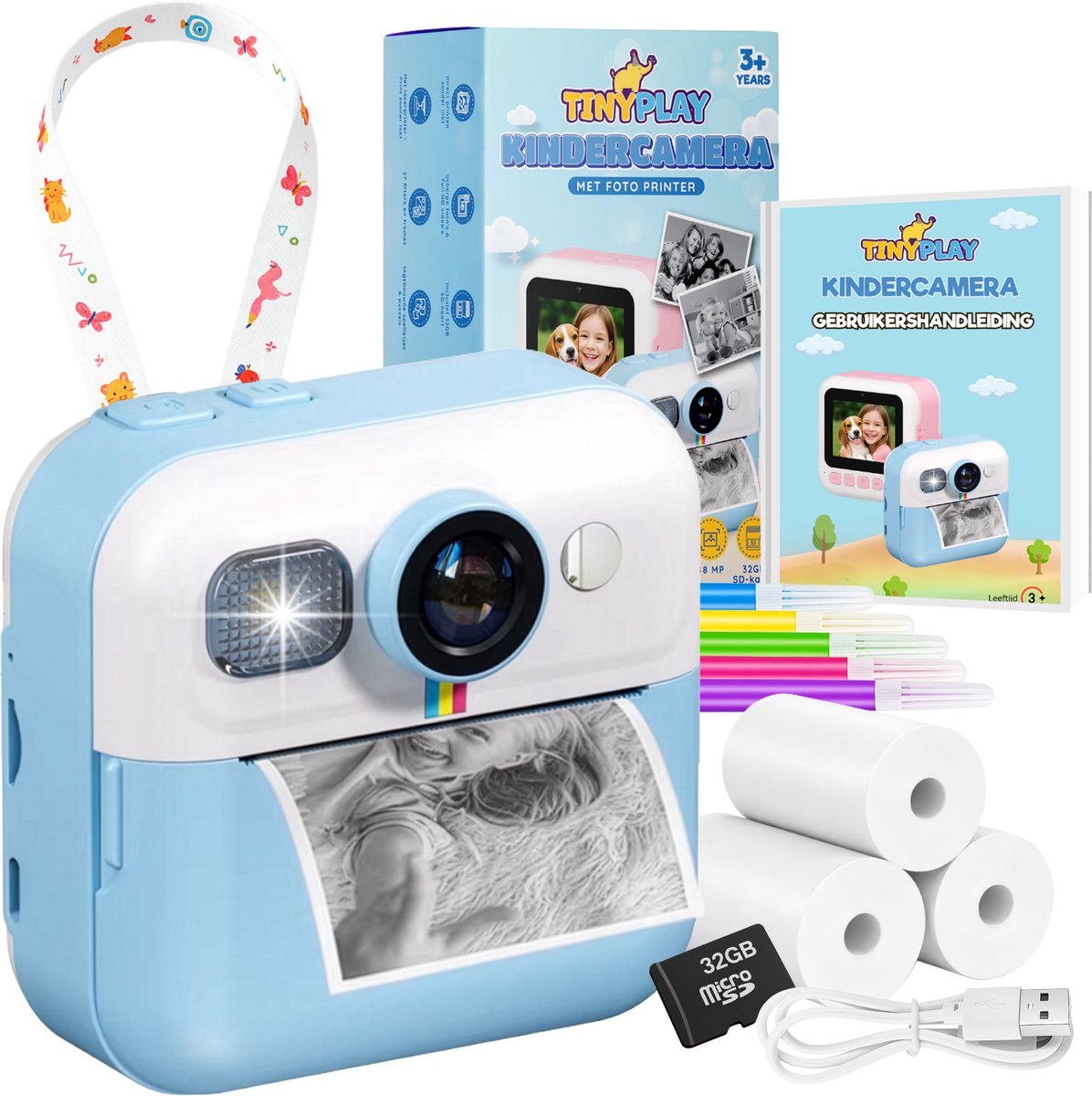 TinyPlay Kindercamera met foto printer - 48MP - Digitale Camera Kinderen - 32GB SD kaart - Full HD Foto en Video - Spelletjes - Fotoprinter - Kinder camera - Digitale kindercamera - Blauw — afbeelding 1