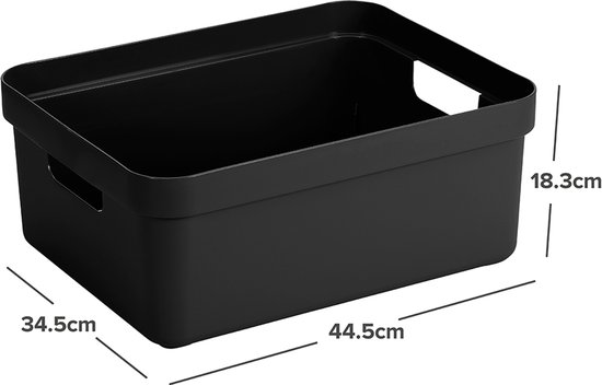 Zwarte opbergbox van 44.5x34.5x18.3 cm met handgrepen, afmetingen getoond.