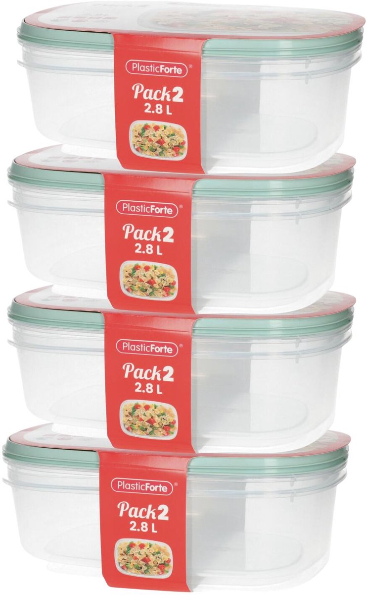 Plasticforte Vershoudbakjes - 8x stuks - 2.8 liter - herbruikbaar - transparant/groen - kunststof - magnetron - vriezer