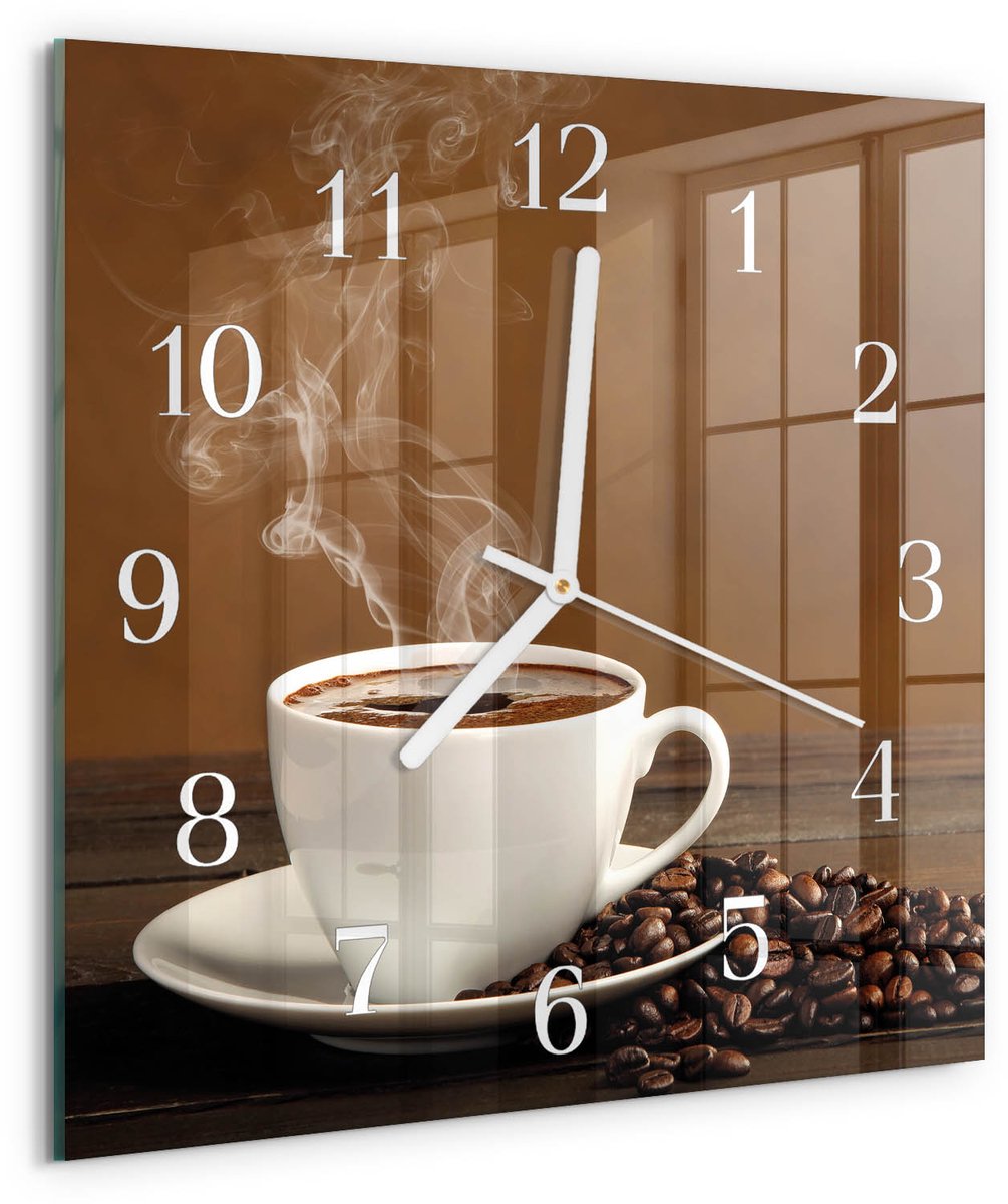 Tulup Wandklok - Koffie Moderne Glazen Wandklok - 30x30 cm - Bruin Wandklok Glas Met Motief - Witte Handen - Vierkante Wandklok - Klok Glas Met Opdruk - Moderne Wandklok Glas