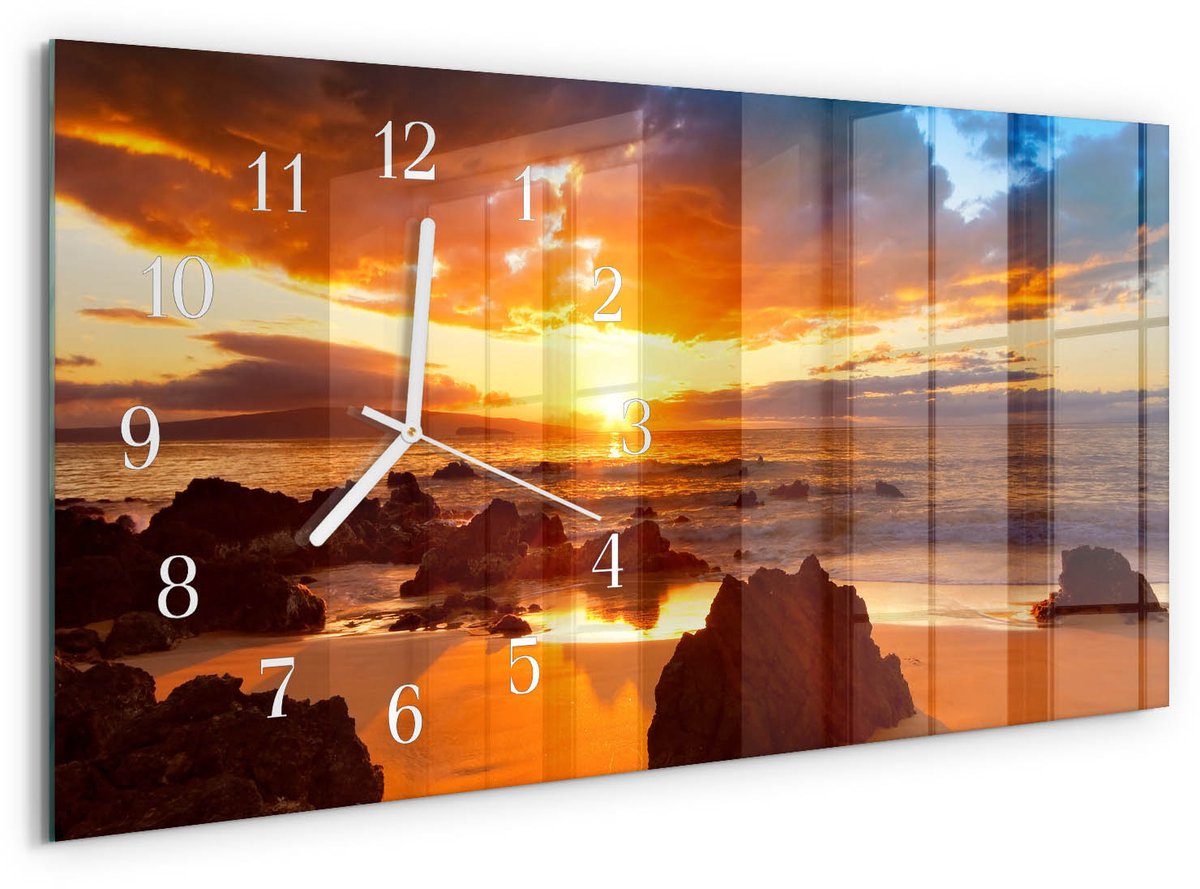 TULUP Wandklok - Zonsondergang Gekleurde Glazen Klok - 60x30 cm - Oranje Glazen Klok Met Print - Witte Handen - Rechthoekige Wandklok - Klok Glas Met Opdruk - Moderne Wandklok Glas Oranje - Zonsondergang