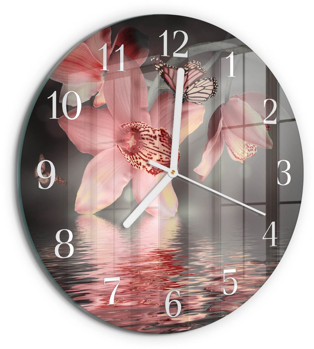 TULUP Wandklok - Orchidee Wandklok Glas Decoratie - 30fi cm - Roze Gekleurde Glazen Klok - Witte Handen - Ronde Wandklok - Moderne Wandklok Glas - Wandklok Glas Decoratie Roze - Orchidee