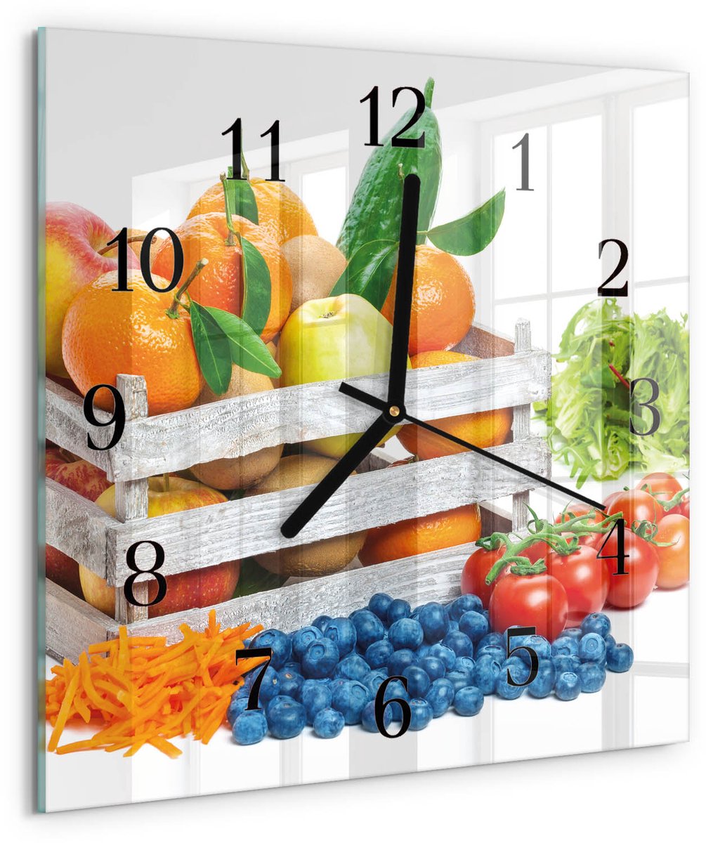 TULUP Wandklok - Groenten Decoratieve Glazen Klok - 30x30 cm - Veelkleurig Glazen Wandklok Design - Zwarte Handen - Vierkante Wandklok - Glazen Klok Met Print - Wandklok Glas Met Motief Veelkleurig - Groenten