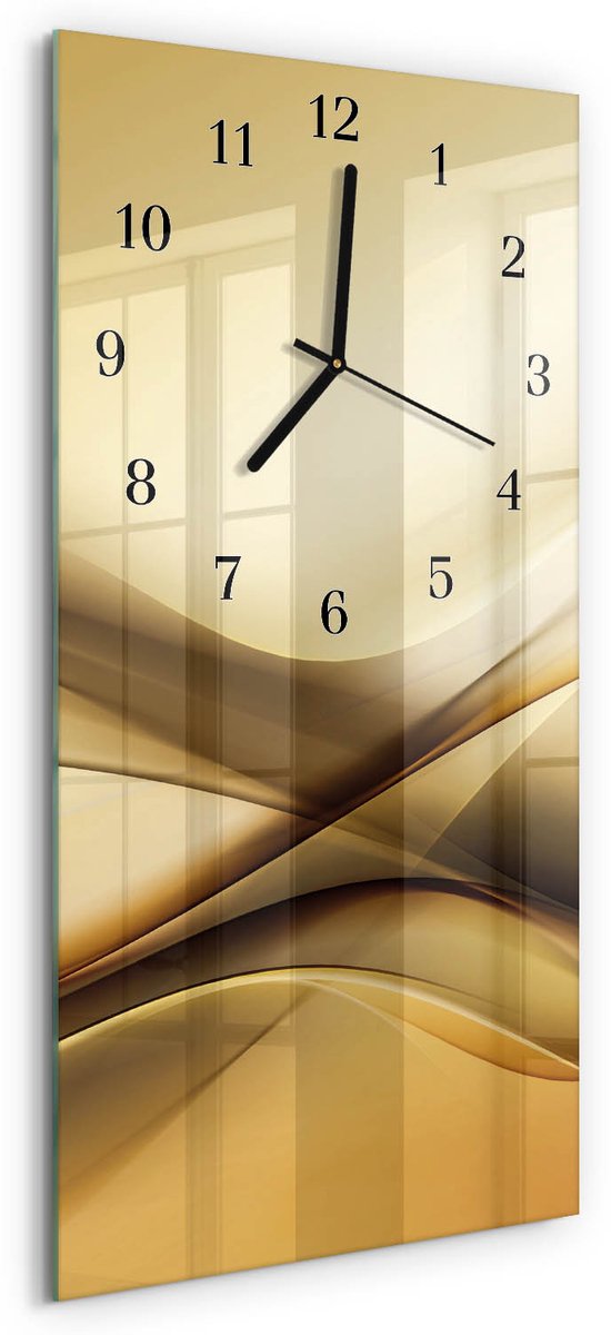 TULUP Wandklok - Abstractie Wandklok Glas Met Motief - 30x60 cm - Beige Decoratieve Glazen Klok - Zwarte Handen - Rechthoekige Wandklok - Wandklok Glas Decoratie - Gekleurde Glazen Klok Beige - Abstractie