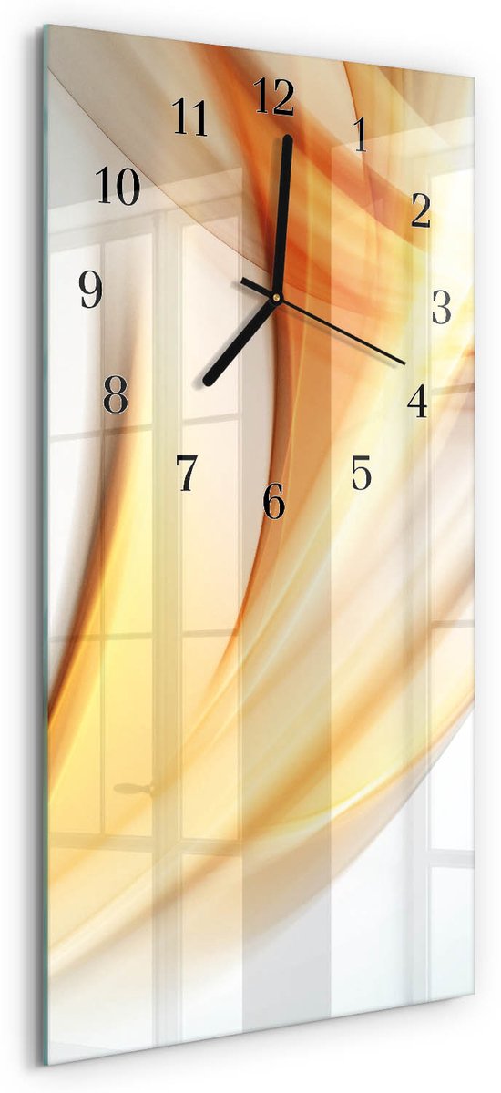 TULUP Wandklok - Patroon Glazen Wandklok Design - 30x60 cm - Oranje Klok Glas Met Opdruk - Zwarte Handen - Rechthoekige Wandklok - Gekleurde Glazen Klok - Glazen Klok Met Print Oranje - Patroon