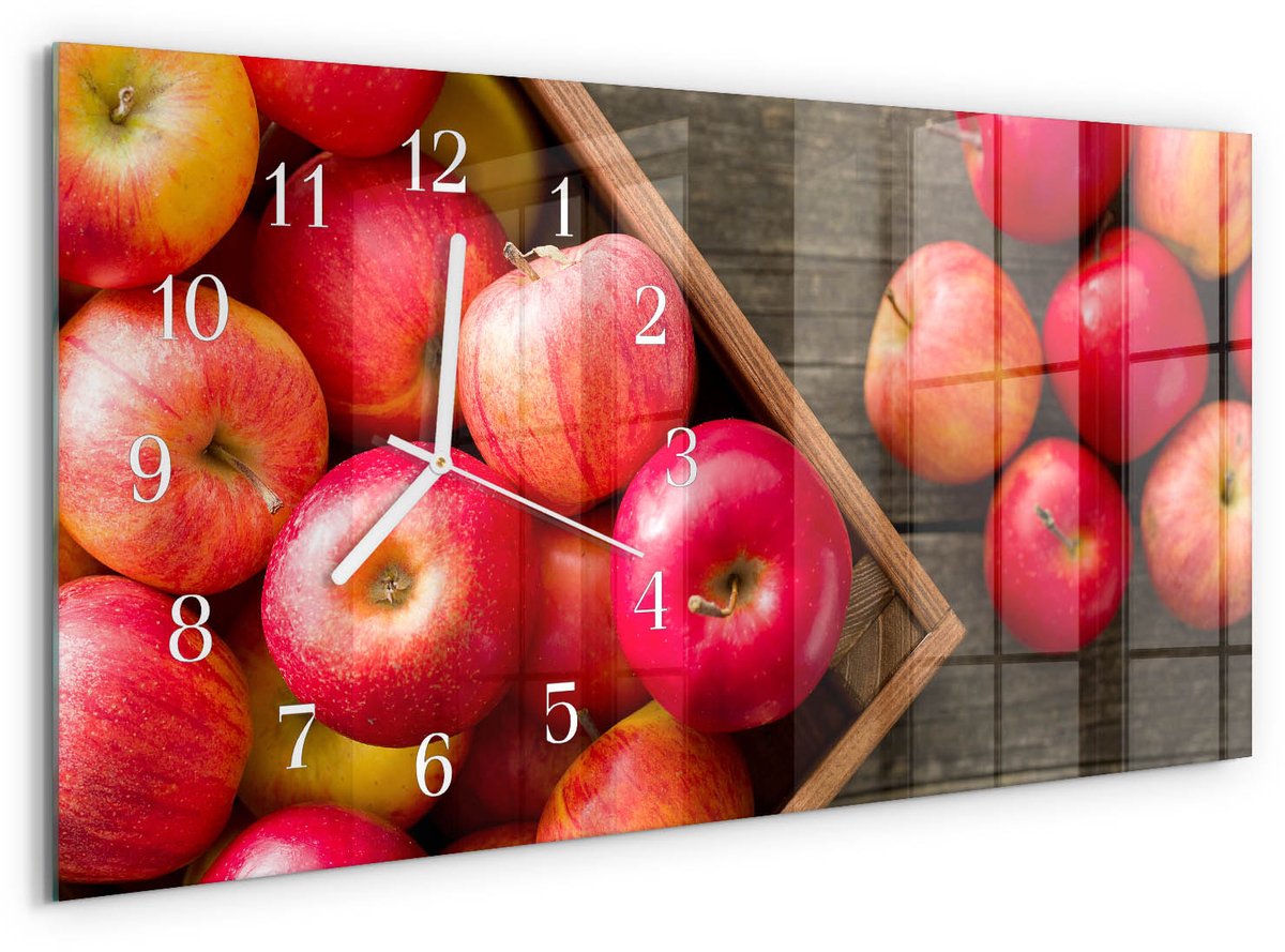 TULUP Wandklok - Appels Glazen Wandklok Design - 60x30 cm - Rood Klok Glas Met Opdruk - Witte Handen - Rechthoekige Wandklok - Glazen Wandklok Design - Klok Glas Met Opdruk Rood - Appels