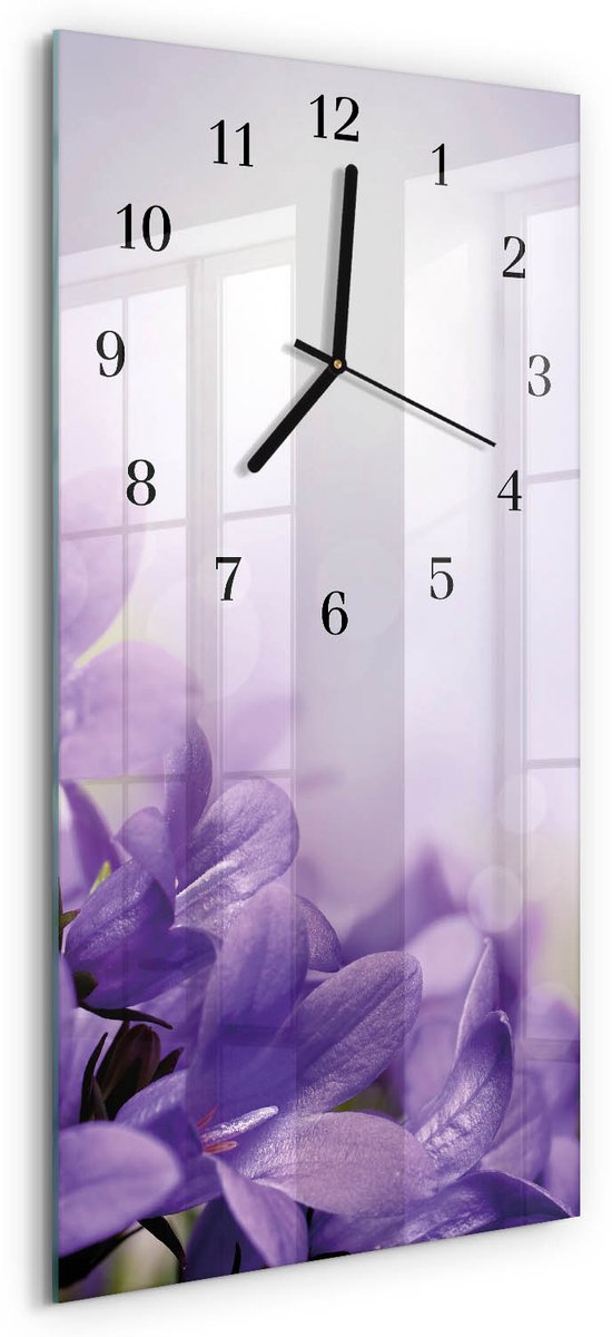 TULUP Wandklok - Bloem Decoratieve Glazen Klok - 30x60 cm - Paars Glazen Wandklok Design - Zwarte Handen - Rechthoekige Wandklok - Decoratieve Glazen Klok - Glazen Wandklok Design Paars - Bloem