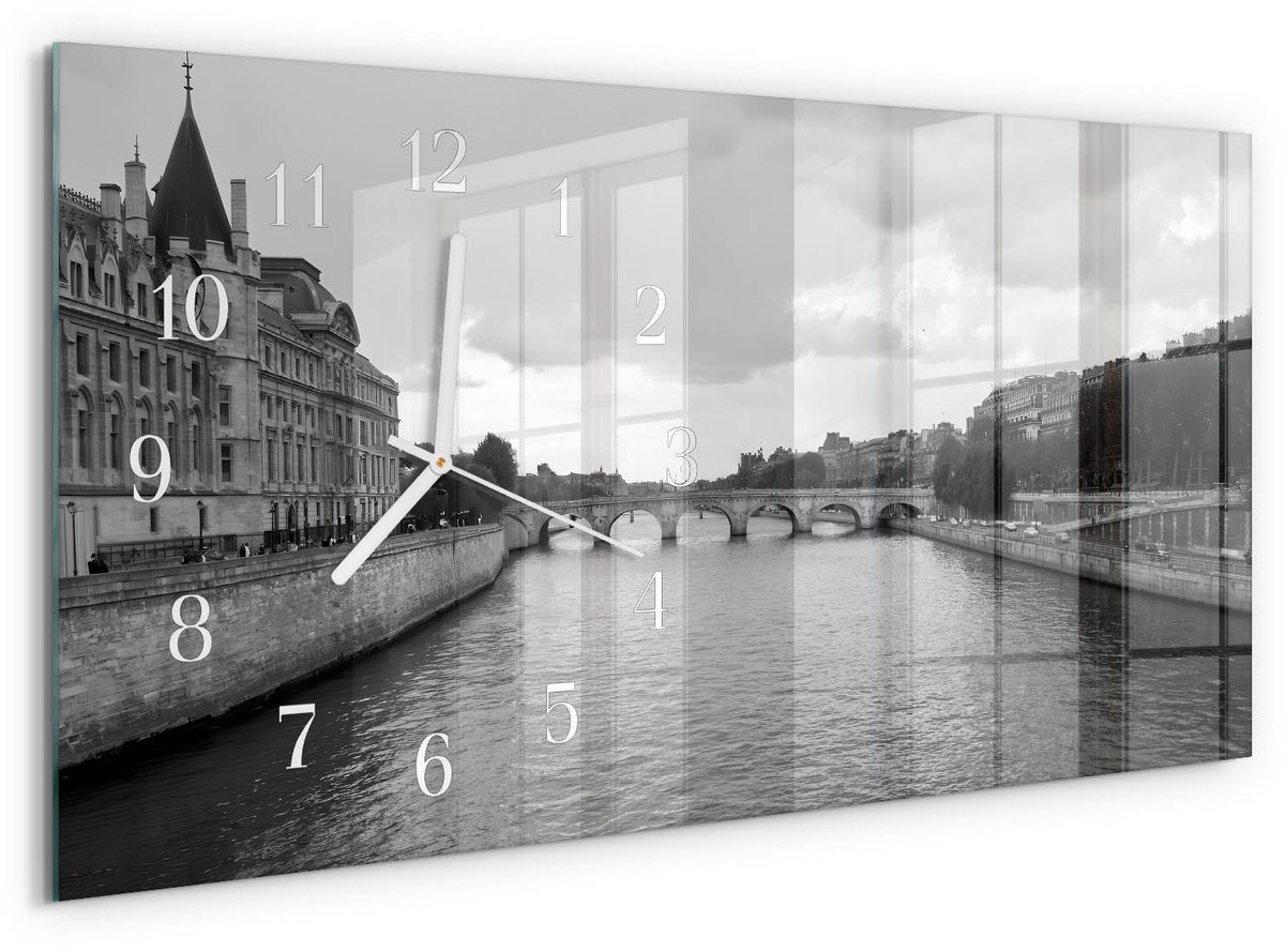 TULUP Wandklok - Bruggen van Parijs Wandklok Glas Decoratie - 60x30 cm - Zwart-wit Gekleurde Glazen Klok - Witte Handen - Rechthoekige Wandklok - Klok Glas Met Opdruk - Moderne Wandklok Glas Zwart-wit - Bruggen van Parijs
