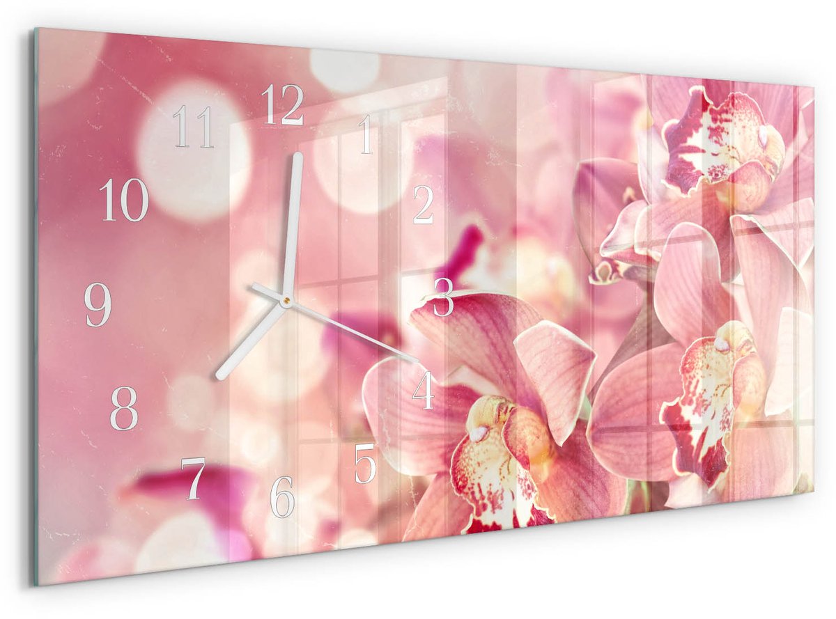 TULUP Wandklok - Orchideeën Glazen Wandklok Design - 60x30 cm - Roze Klok Glas Met Opdruk - Witte Handen - Rechthoekige Wandklok - Gekleurde Glazen Klok - Glazen Klok Met Print Roze - Orchideeën